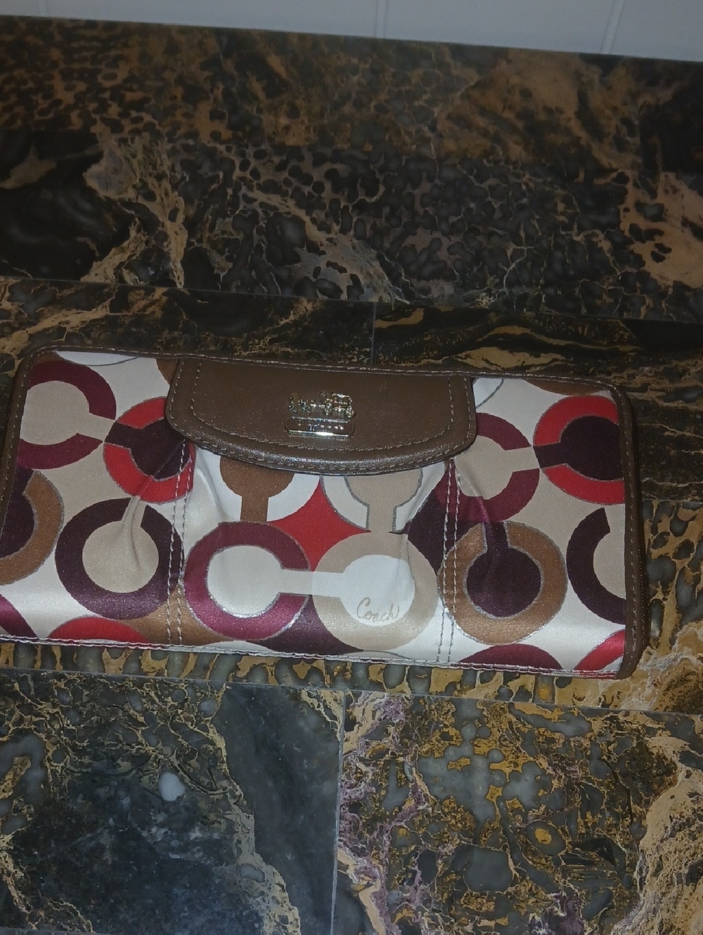 Coach Multicolor Circle-Print Wallet with Brown Trim